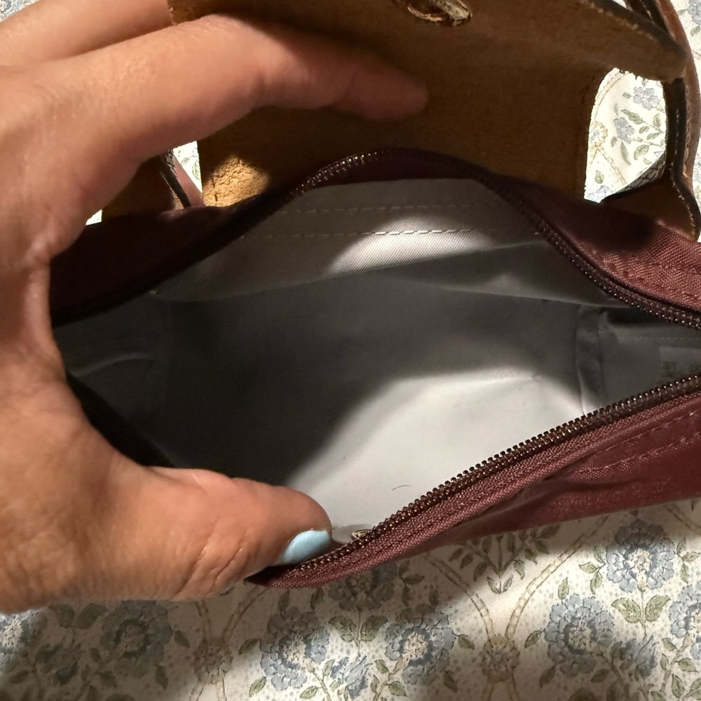 Longchamp Small Burgundy Nylon Pouch with Brown Leather Trim - Picture 2 of 3